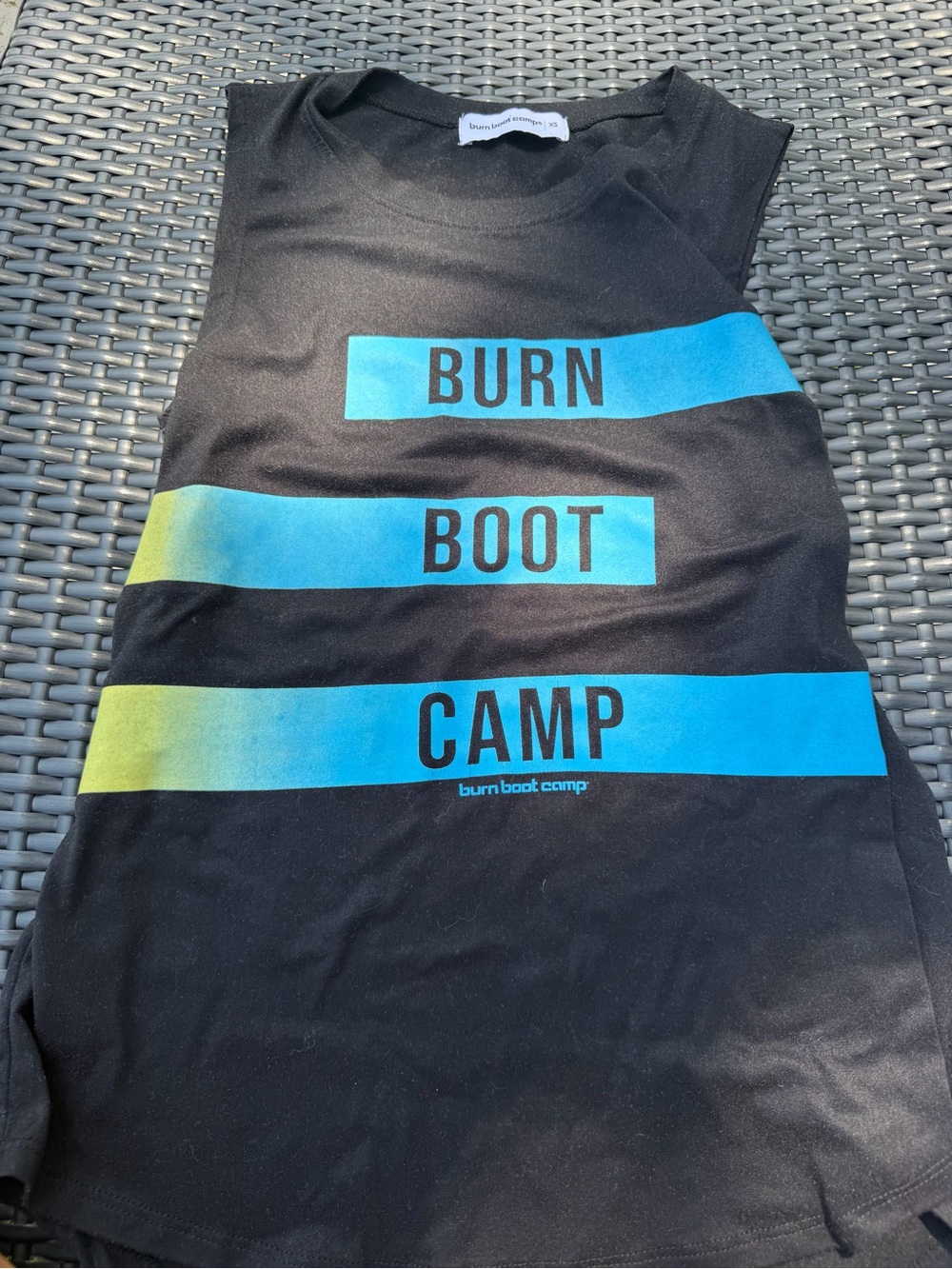 Burn Boot Camp Black Logo Tank with Blue & Yellow Gradient Stripes XS
